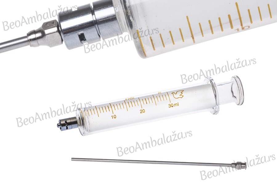 Stakleni špric 30ml sa metalnim vrhom i metalnom iglom Stakleni špric 30ml sa metalnim vrhom i metalnom iglom