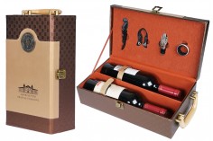 Luksuzna futrola za dve vinske flaše sa dodacima i kožnom presvlakom u zlatnoj ili crnoj boji