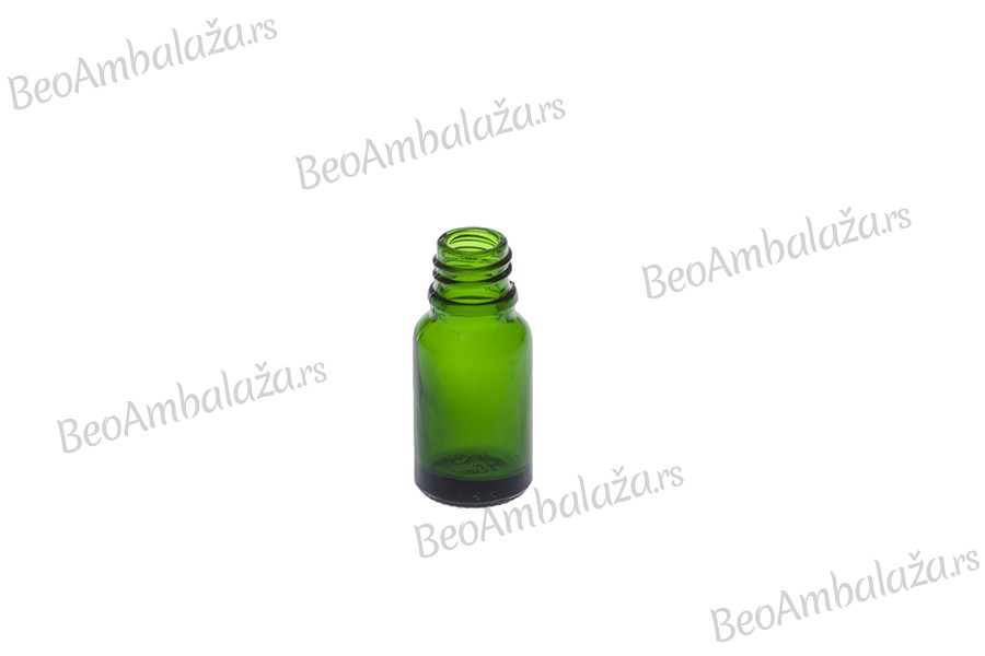 Staklena bočica 10mL za etarska ulja u zelenoj boji, sa grlom PP18