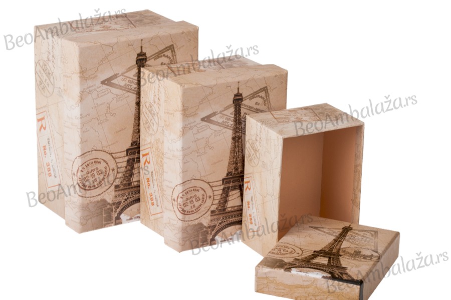 Pravougaona plastificirana poklon kutija sa motivom Ajfelovog tornja, u 3 veličine (S-M-L)