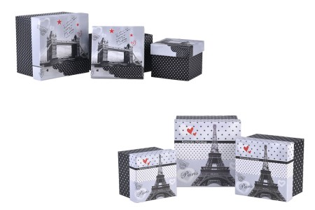 Četvrtasta plastificirana kutija za poklone, sa dizajnom Pariz (Eiffel) ili London (Tower Bridge) - set od 3 kutije (S, M, L)-slika_proizvoda