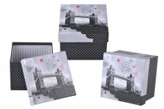 Četvrtasta plastificirana kutija za poklone, sa dizajnom Pariz (Eiffel) ili London (Tower Bridge) - set od 3 kutije (S, M, L)