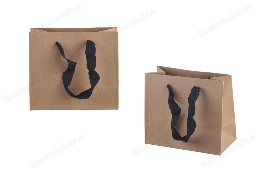 Papirna kraft ekološka kesa 160x80x140mm, sa crnom keper riblja kost trakom širine 20mm - 20 kom-slika_proizvoda