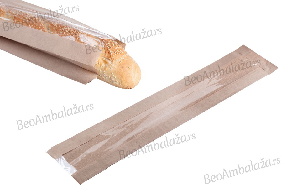 Kraft papirna kesa 120x50x650 mm za baget hleb sa prozora 70mm- 100kom