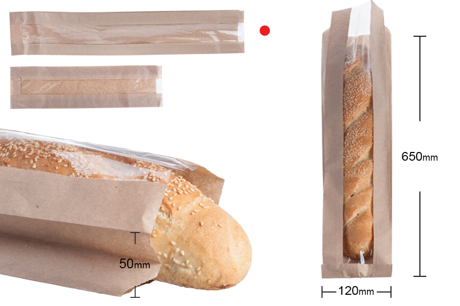 Kraft braon papirna kesa 120x50x650mm sa prozorom 70mm, za baget hleb - 100 kom