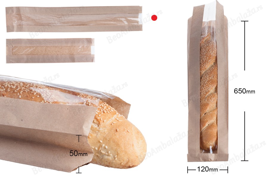 Kraft braon papirna kesa 120x50x650mm sa prozorom 70mm, za baget hleb - 100 kom-dimenzije_slike
