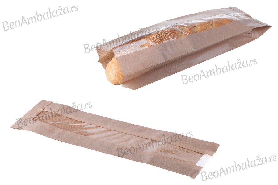 Kraft papirna kesa 120x50x450 mm za baget hleb sa prozora 40mm- 100kom