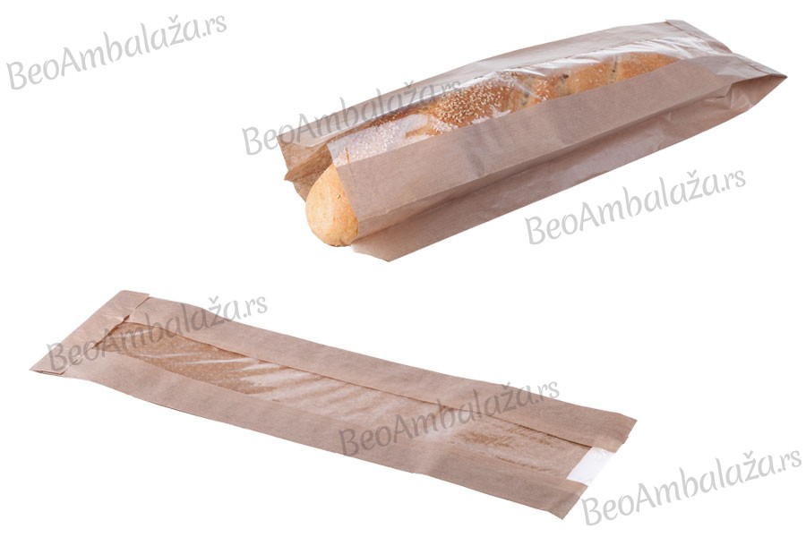 Kraft braon papirna kesa 120x50x450mm sa prozorom 40mm, za baget hleb - 100 kom