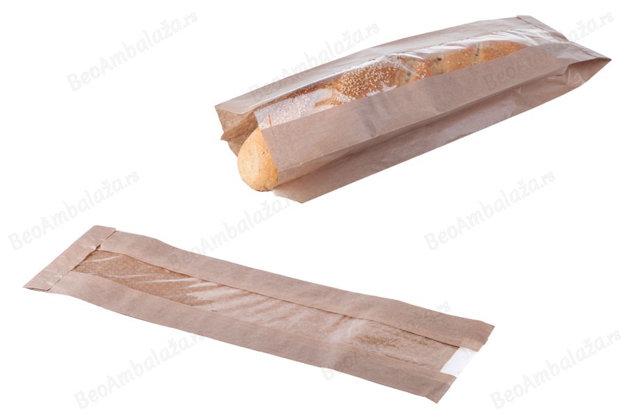 Kraft braon papirna kesa 120x50x450mm sa prozorom 40mm, za baget hleb - 100 kom-slika_proizvoda
