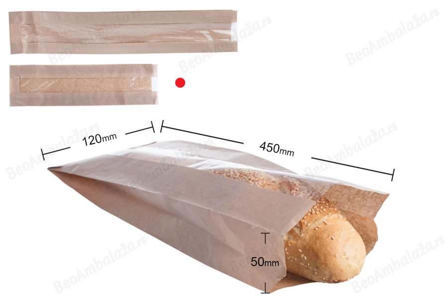 Kraft braon papirna kesa 120x50x450mm sa prozorom 40mm, za baget hleb - 100 kom-dimenzije_slike