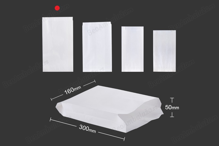 Bela papirna kesa 160x50x300mm bez prozora, pogodna za masnu hranu - 100 kom-dimenzije_slike