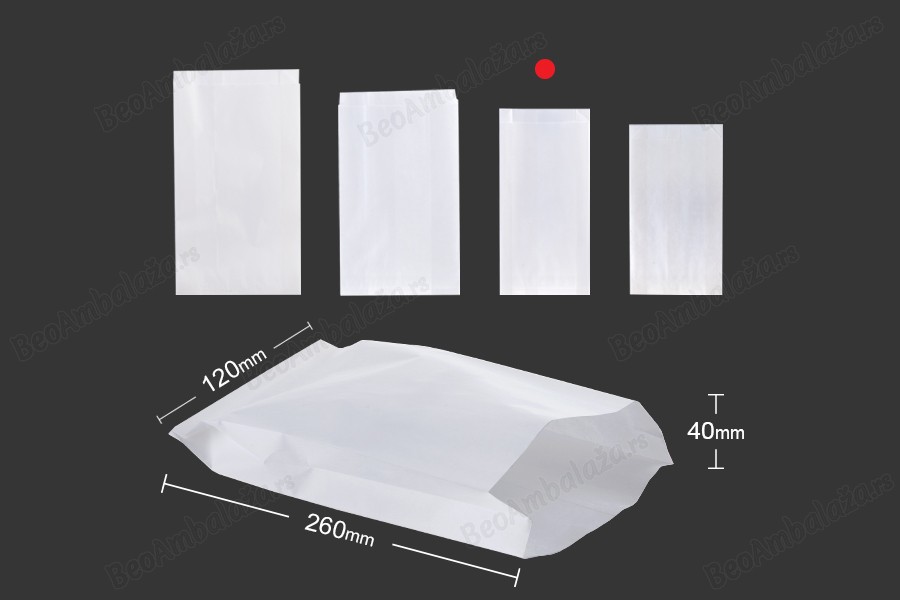 Bela papirna kesa 120x40x260mm bez prozora, pogodna za masnu hranu - 100 kom-dimenzije_slike