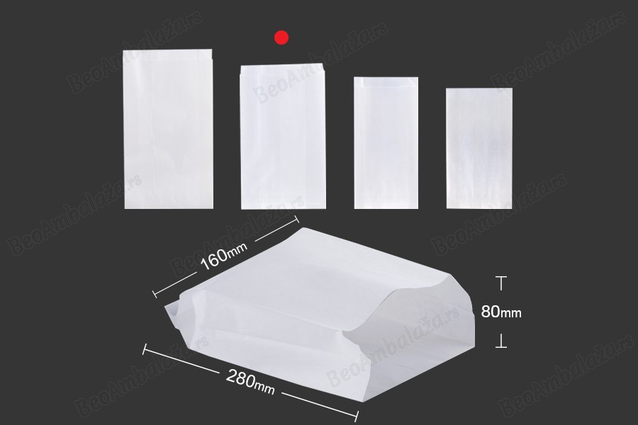 Bela papirna kesa 160x80x280mm bez prozora, pogodna za masnu hranu - 100 kom-dimenzije_slike