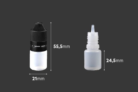 Plastična poluprovidna flašica 5mL sa crnim plastičnim zatvaračem CRC i plastičnom kapalicom, za elektronske cigarete - 50 kom-dimenzije_slike