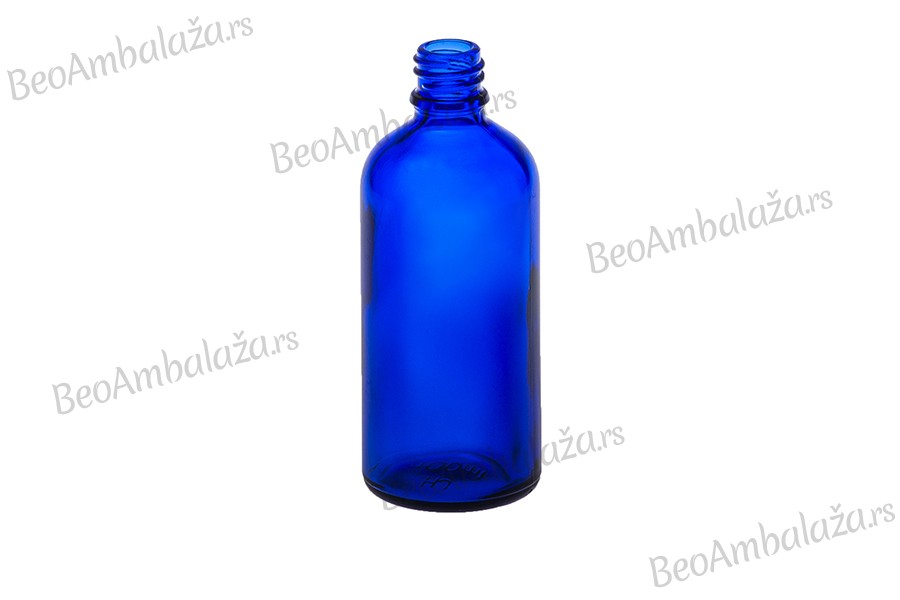 Plava staklena bočica za etarska ulja 100mL, sa grlom PP18 - bez zatvarača