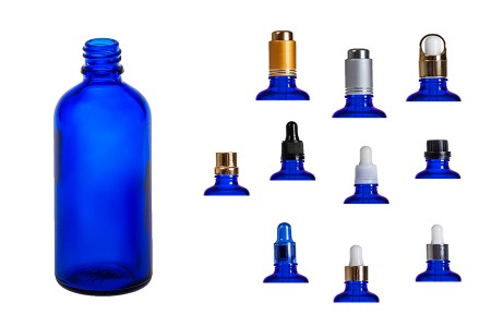 Plava staklena bočica za etarska ulja 100mL, sa grlom PP18 - bez zatvarača-7