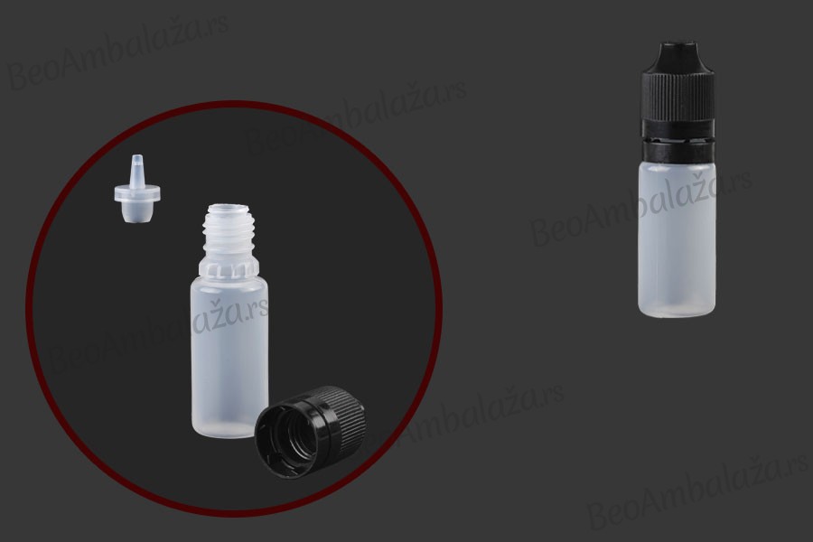 Plastična poluprovidna flašica 10mL sa crnim plastičnim zatvaračem CRC i plastičnom kapalicom, za elektronske cigarete - 50 kom
