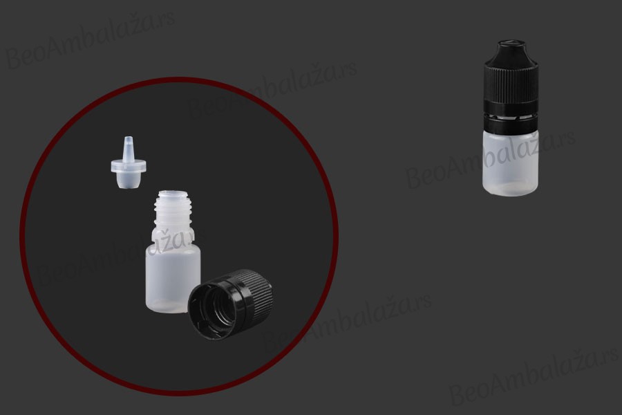 Plastična poluprovidna flašica 5mL sa crnim plastičnim zatvaračem CRC i plastičnom kapalicom, za elektronske cigarete - 50 kom