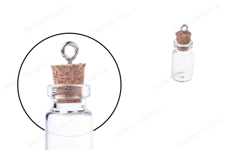 Mala, staklena flašica sa pampurnim zapušačem i kukicom za kačenje ili za dekoraciju, 13x33 mm - 25 kom-slika_proizvoda