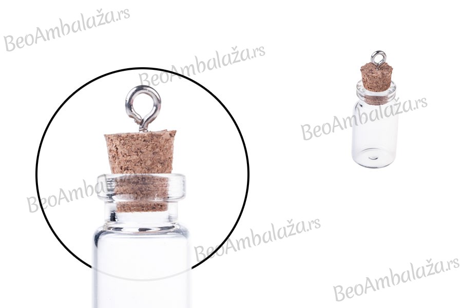 Mala, staklena flašica sa pampurnim zapušačem i kukicom za kačenje ili za dekoraciju, 13x33 mm - 25 kom