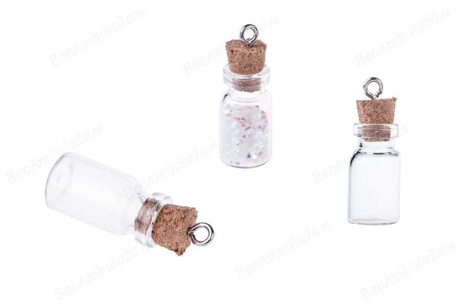 Mala, staklena flašica sa pampurnim zapušačem i kukicom za kačenje ili za dekoraciju, 12x33 mm - 25 kom-dimenzije_slike
