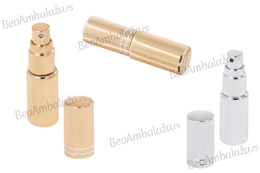 Stakleni tester za parfeme 5mL, sa sprejom i sa aluminijumskom oblogom u zlatnoj ili srebrnoj boji - 6 kom