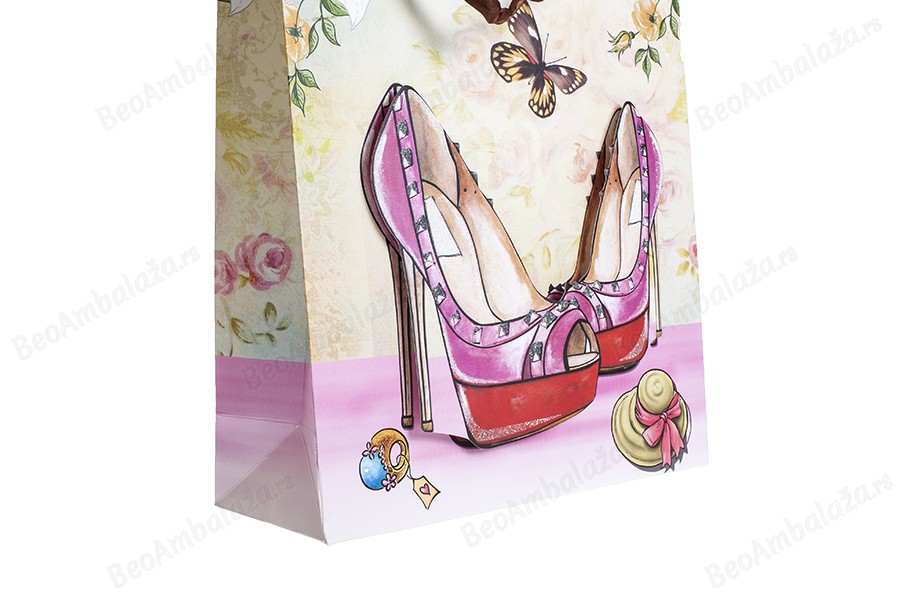 Papirna 3D poklon kesa, sa motivom "roze cipele", veličina "M", 26x10x32cm - 12 kom-