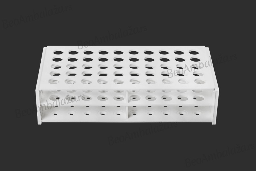 Plastični beli stalak 212x107x50 mm – 50 mesta (prečnik otvora 13 mm)