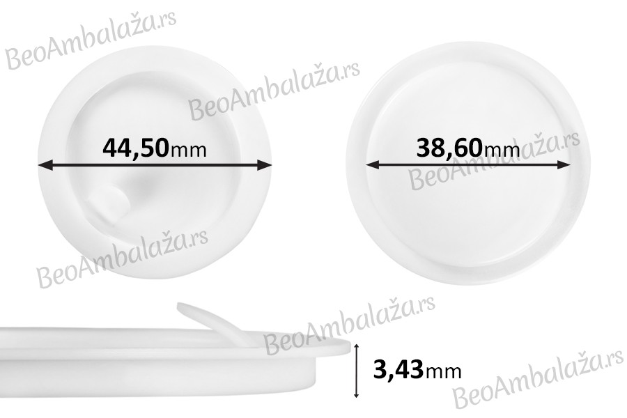 Plastični međupoklopac (PE) bele boje, visine 3,43 mm i prečnika 44,50 mm (mali prečnik: 38,60 mm) - 12 kom