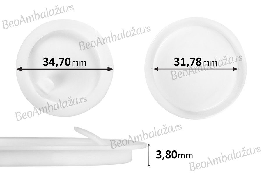 Plastični međupoklopac (PE) bele boje, visine 3,80 mm i prečnika 34,70 mm (mali prečnik: 31,78 mm) - 12 kom