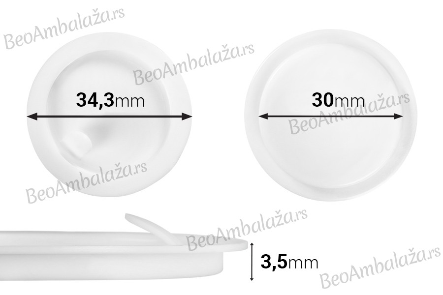 Plastični međupoklopac (PE) bele boje, visine 3,50 mm i prečnika 34,30 mm (mali prečnik: 30 mm) - 12 kom