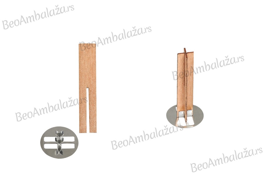 Drveni krstasti fitilj 10x50 mm sa metalnom osnovom za sveću - 25 kom