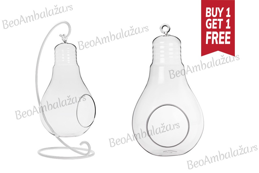 Ukrasno staklo u obliku lampe, privezak   na  belom metalnom postolju