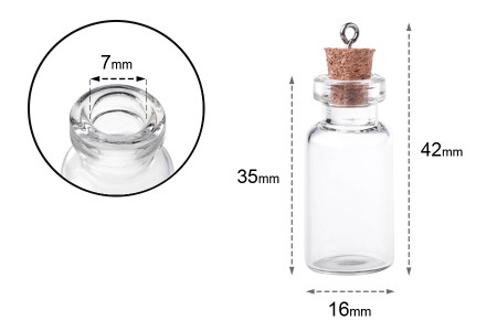 Mala, staklena flašica sa pampurnim zapušačem i kukicom za kačenje ili za dekoraciju, 16x42 mm - 25 kom-dimenzije_slike