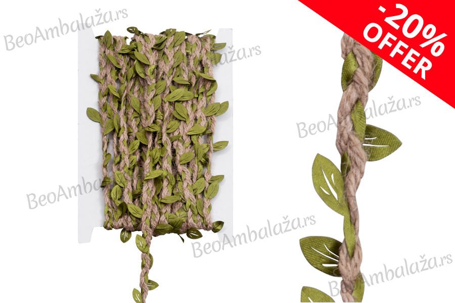Ukrasna pletenica sa  vunicom od kanapa i sa zelenim listovima, širina 7mm (10 metara je jedan komad)