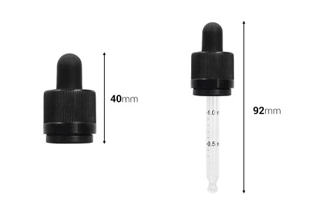 Pipeta od 30mL sa crnim CRC sigurnosnim zatvaračem, oznakama za zapreminu i MAT crnom gumicom - pojedinačno pakovanje-dimenzije_slike