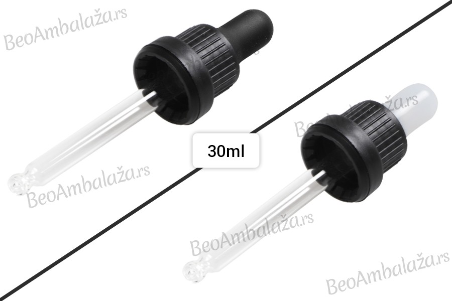 Pipeta od 30mL sa crnim širokim sigurnosnim zatvaračem, bez oznaka za zapreminu i crnom MAT ili crnom sjajnom gumicom - pojedinačno pakovanje Pipeta od 30mL sa crnim širokim sigurnosnim zatvaračem, bez oznaka za zapreminu i crnom MAT ili crnom sjajnom gumicom - pojedinačno pakovanje