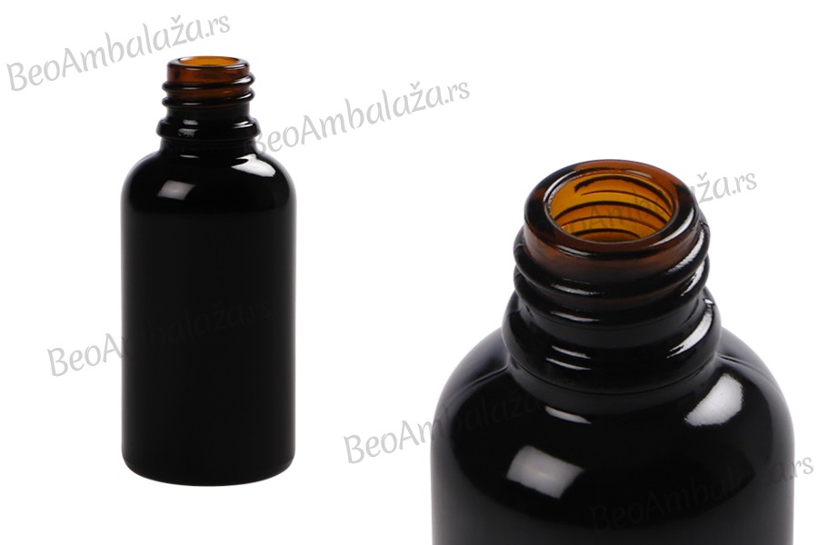 Crna sjajna staklena bočica za etarska ulja 30mL, sa grlom PP18