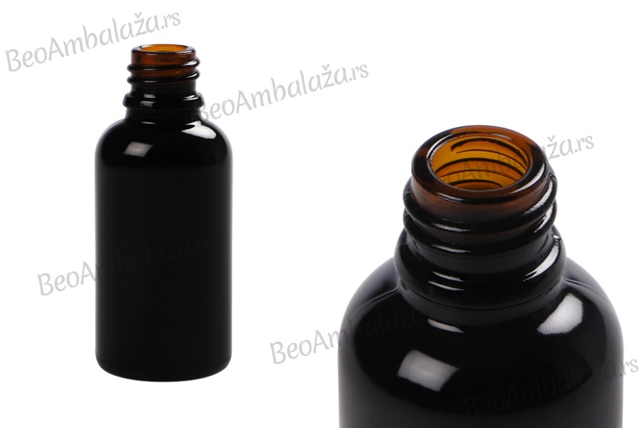 Crna sjajna staklena bočica za etarska ulja 30mL, sa grlom PP18 Crna sjajna staklena bočica za etarska ulja 30mL, sa grlom PP18