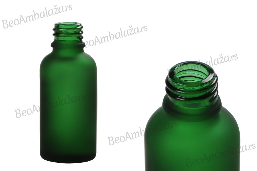 Zelena staklena bočica od peskiranog stakla za etarska ulja 30mL, sa grlom PP18 - bez zatvarača