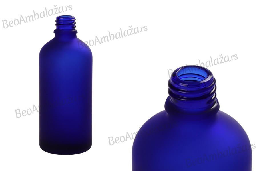 Plava staklena bočica od peskiranog stakla za etarska ulja 100mL, sa grlom PP18 - bez zatvarača