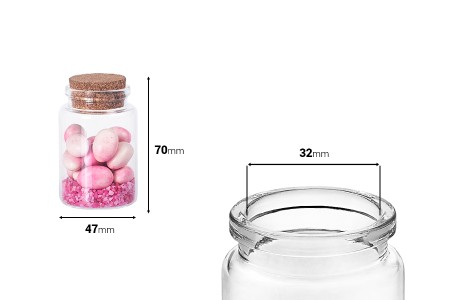Staklena flašica sa plutanim čepom za poklončiće 80mL, 47x70 mm - 12 kom-dimenzije_slike