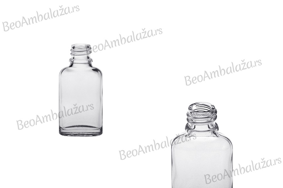 Staklena ovalna providna bočica za etarska ulja 20mL, sa grlom PP18