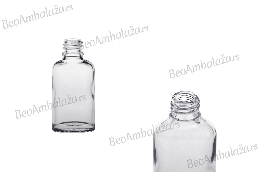 Staklena ovalna providna bočica za etarska ulja 30mL, sa grlom PP18
