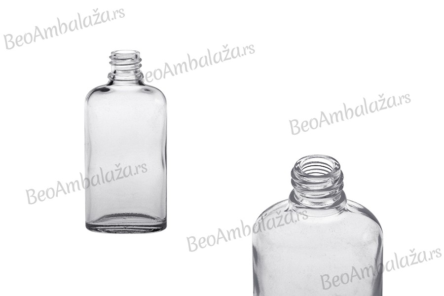 Staklena ovalna providna bočica za etarska ulja 50mL, sa grlom PP18