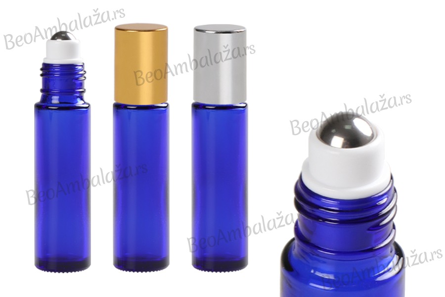 Staklena plava roll-on bočica (sa metalnom kuglicom) 10mL sa zatvaračem u dve boje - 6 kom