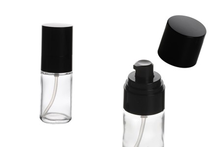 Staklena okrugla bočica 30mL za kreme sa crnom plastičnom pumpicom i crnim zatvaračem (PP18)-1