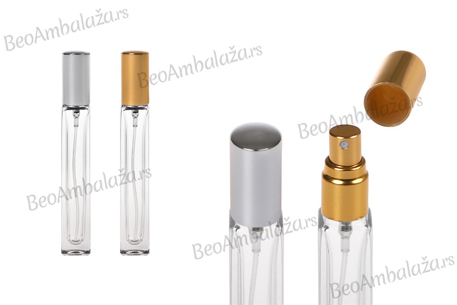 Bočica 10mL staklena, četvrtasta, sa poklopcem i aluminijumskim sprejom