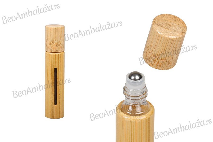 Staklena roll on flašica 10mL sa metalnom kuglicom i oblogom od bambusa - 6 kom
