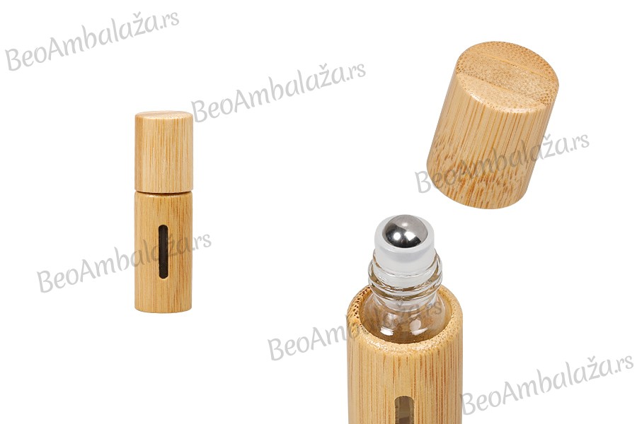 Staklena roll on flašica 5mL sa metalnom kuglicom i oblogom od bambusa - 6 kom